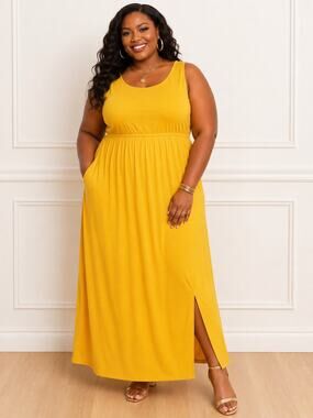 Emery Rose 4X Mustard Yellow Maxi Dress I Elastic Waist | Plus Size